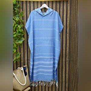 Blue Striped Hooded Poncho with Fringe Like New